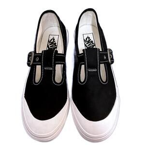 Vans Mary Jane Buckle Closure Falts Slip Ons "Black/White" Women's 6 | NEW